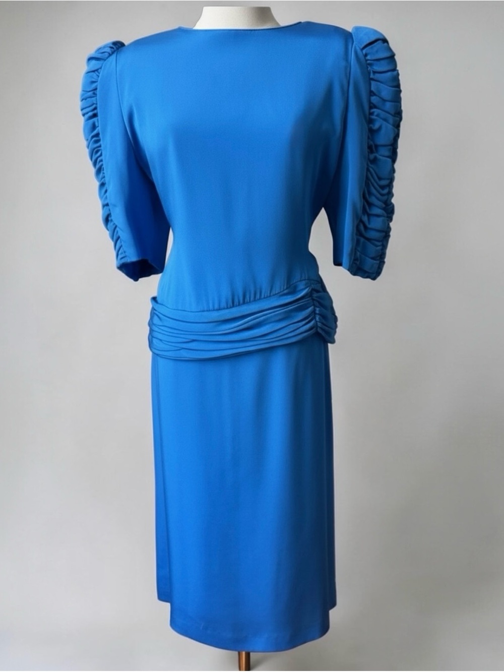 Vintage Rina diMontella Silk Skirt Set Blue Puff Sleeve Ruched 12